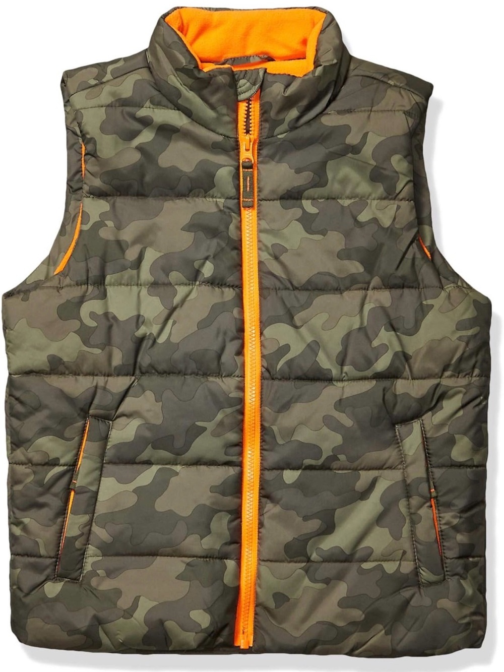 NWOT Amazon Essentials Olive Camo Puffer Vest with Orange Lining